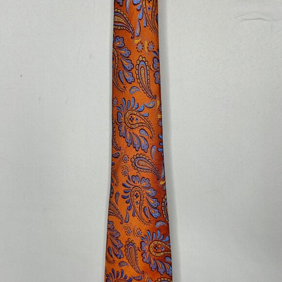 Blair Underwood Mens Neck Tie 3 ½” Rust Orange & Blue Paisley 100% Silk Handmade - Picture 3 of 10